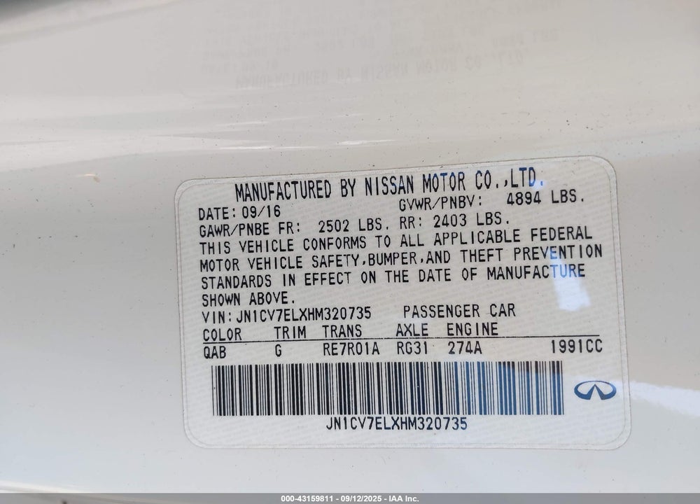 2017 INFINITI Q60 VIN: JN1CV7ELXHM320735