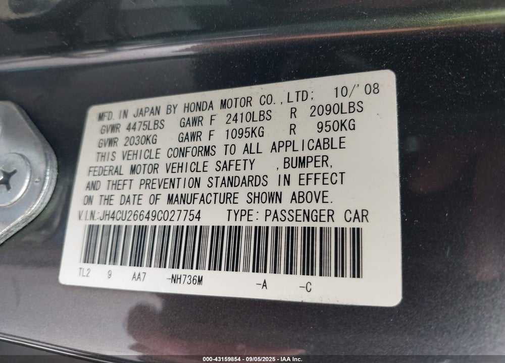 2009 ACURA TSX VIN: JH4CU26649C027754