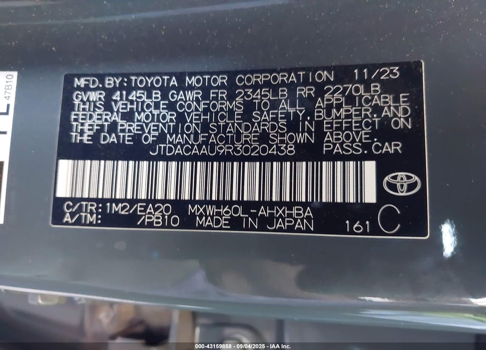 2024 TOYOTA PRIUS VIN: JTDACAAU9R3020438