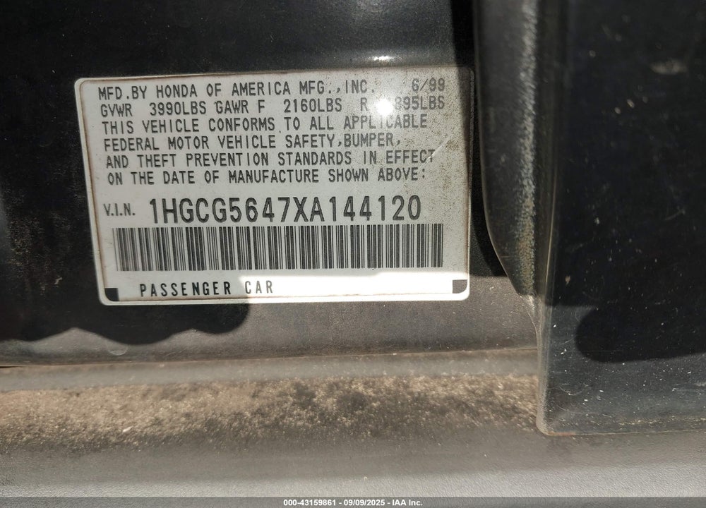 1999 HONDA ACCORD VIN: 1HGCG5647XA144120