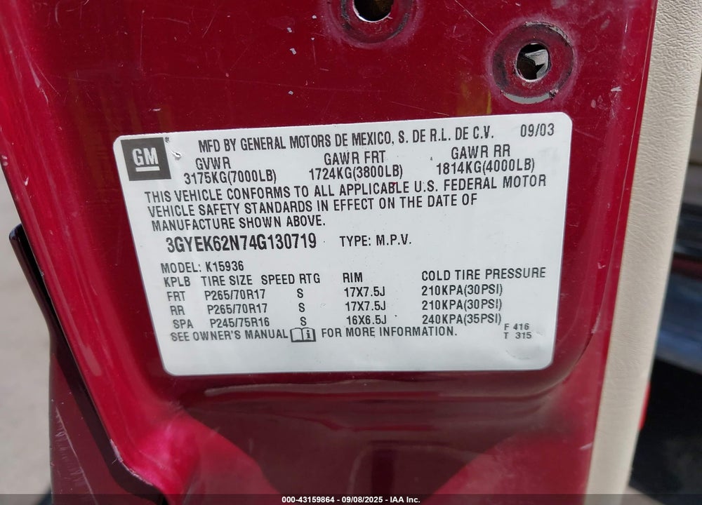 2004 CADILLAC ESCALADE EXT STANDARD VIN: 3GYEK62N74G130719