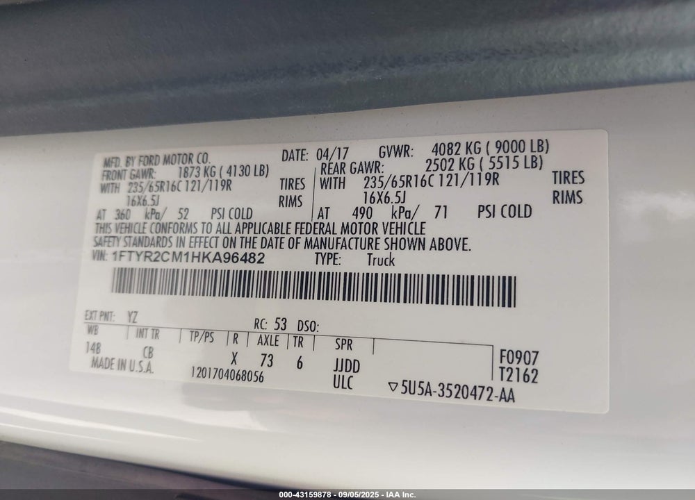 2017 FORD TRANSIT-250 VIN: 1FTYR2CM1HKA96482