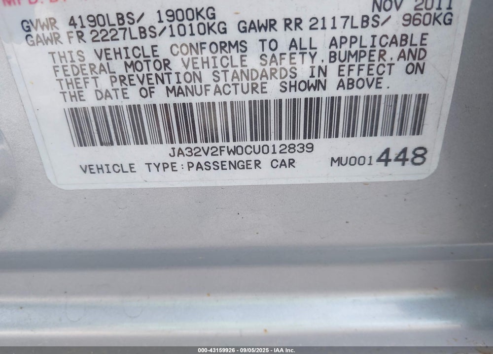2012 MITSUBISHI LANCER VIN: JA32V2FW0CU012839