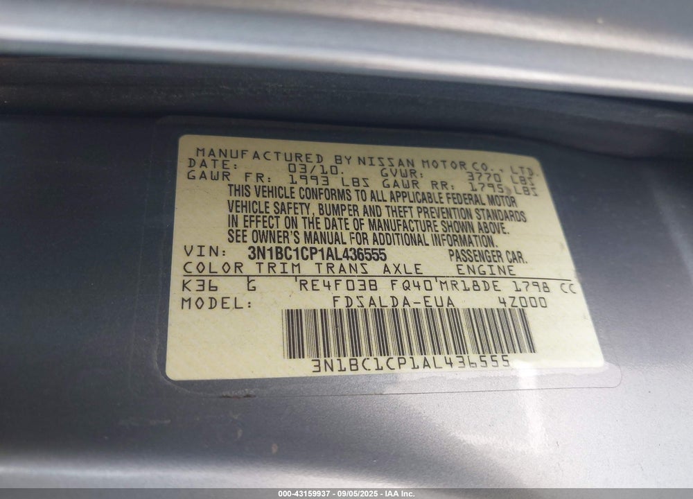 2010 NISSAN VERSA VIN: 3N1BC1CP1AL436555