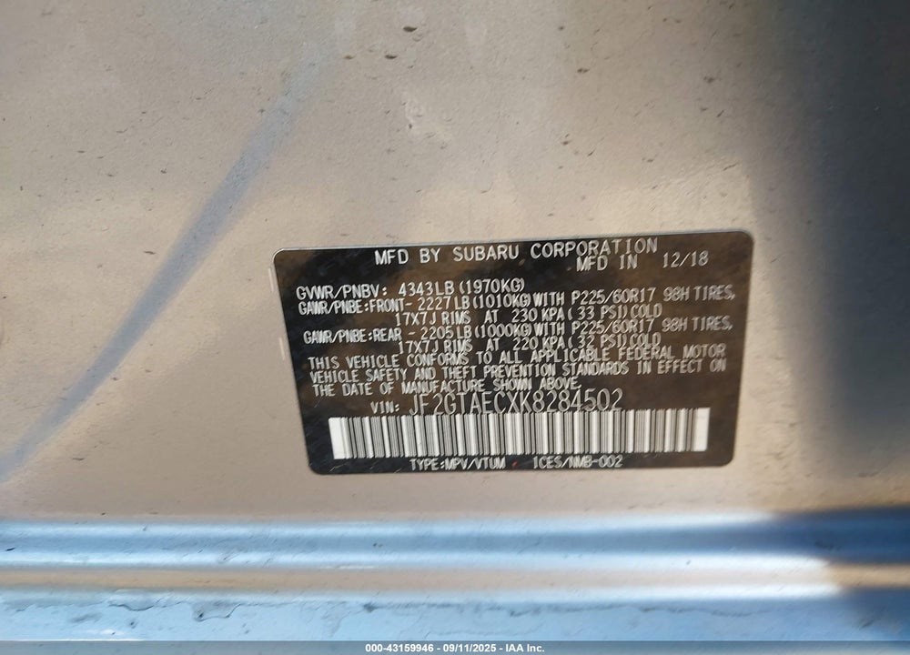 2019 SUBARU CROSSTREK 2.0I PREMIUM VIN: JF2GTAECXK8284502