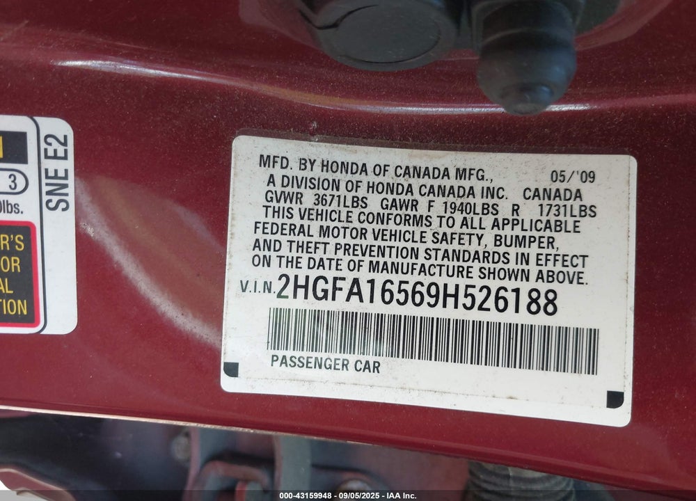 2009 HONDA CIVIC VIN: 2HGFA16569H526188