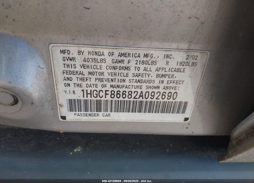 2002 HONDA ACCORD 2.3 VP VIN: 1HGCF86682A092690