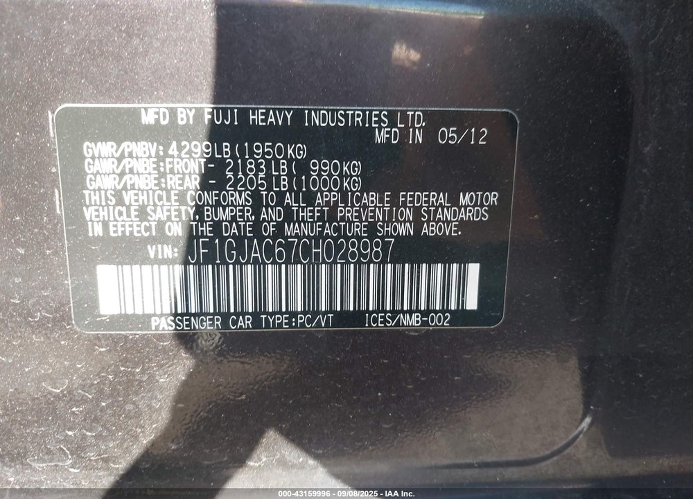 2012 SUBARU IMPREZA VIN: JF1GJAC67CH028987