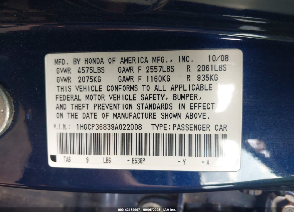 2009 HONDA ACCORD VIN: 1HGCP36839A022008