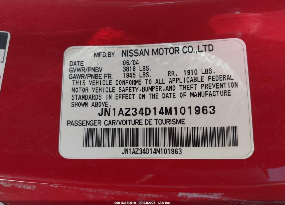 2004 NISSAN 350Z VIN: JN1AZ34D14M101963