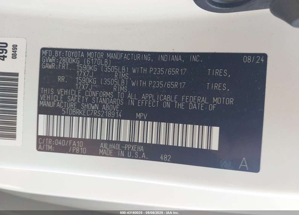 2024 TOYOTA SIENNA VIN: 5TDBRKEC7RS218914