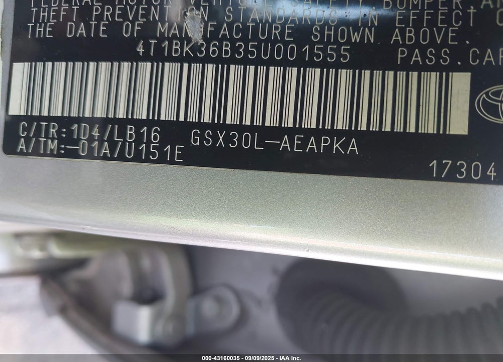 2005 TOYOTA AVALON LIMITED VIN: 4T1BK36B35U001555