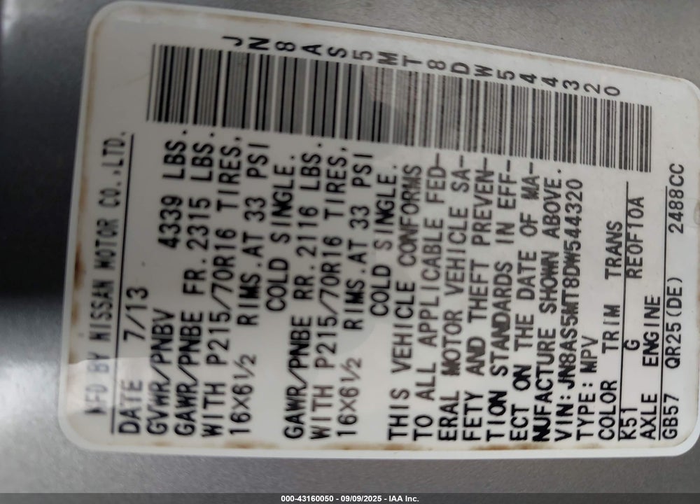 2013 NISSAN ROGUE VIN: JN8AS5MT8DW544320