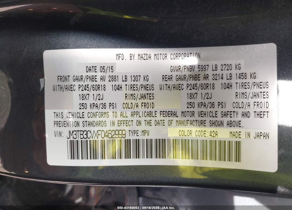 2015 MAZDA CX-9 VIN: JM3TB3CVXF0462999