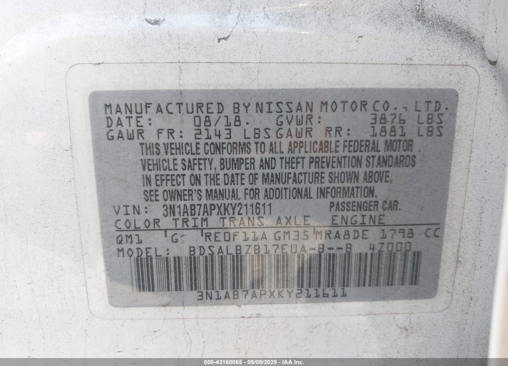 2019 NISSAN SENTRA VIN: 3N1AB7APXKY211611