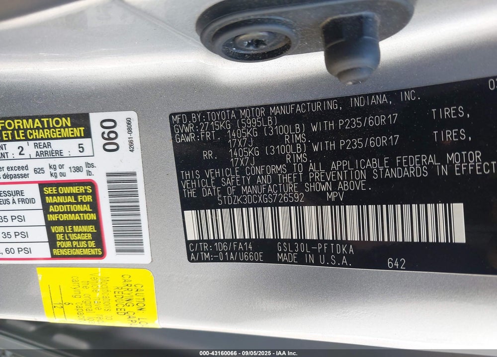 2016 TOYOTA SIENNA L 7 PASSENGER VIN: 5TDZK3DCXGS726592