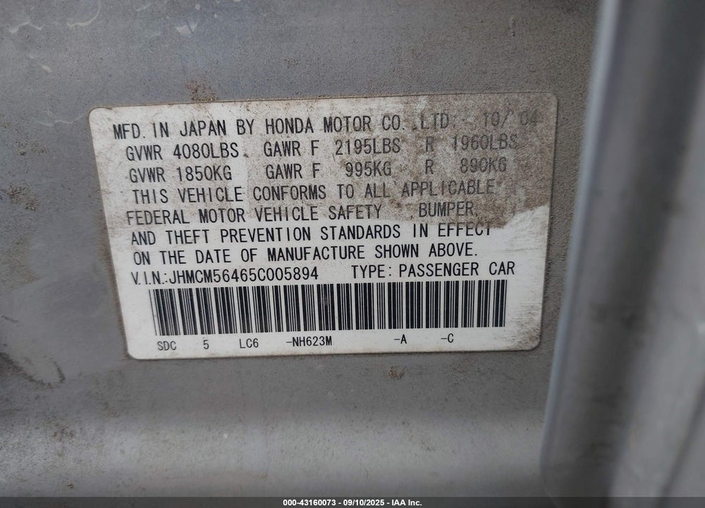 2005 HONDA ACCORD 2.4 LX VIN: JHMCM56465C005894
