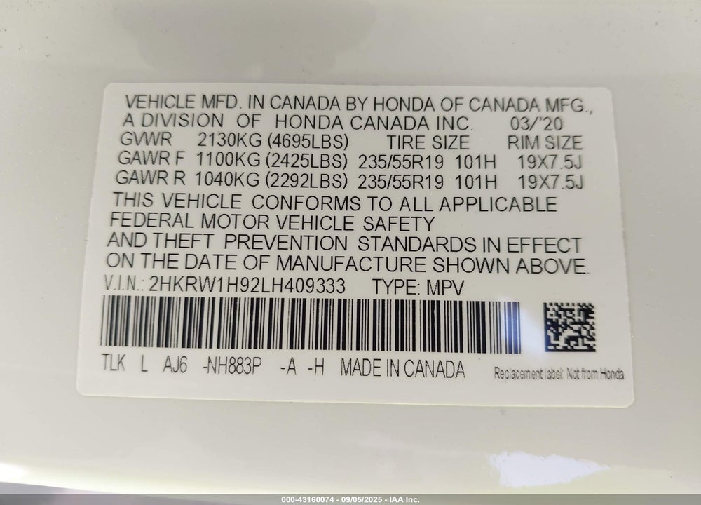2020 HONDA CR-V VIN: 2HKRW1H92LH409333