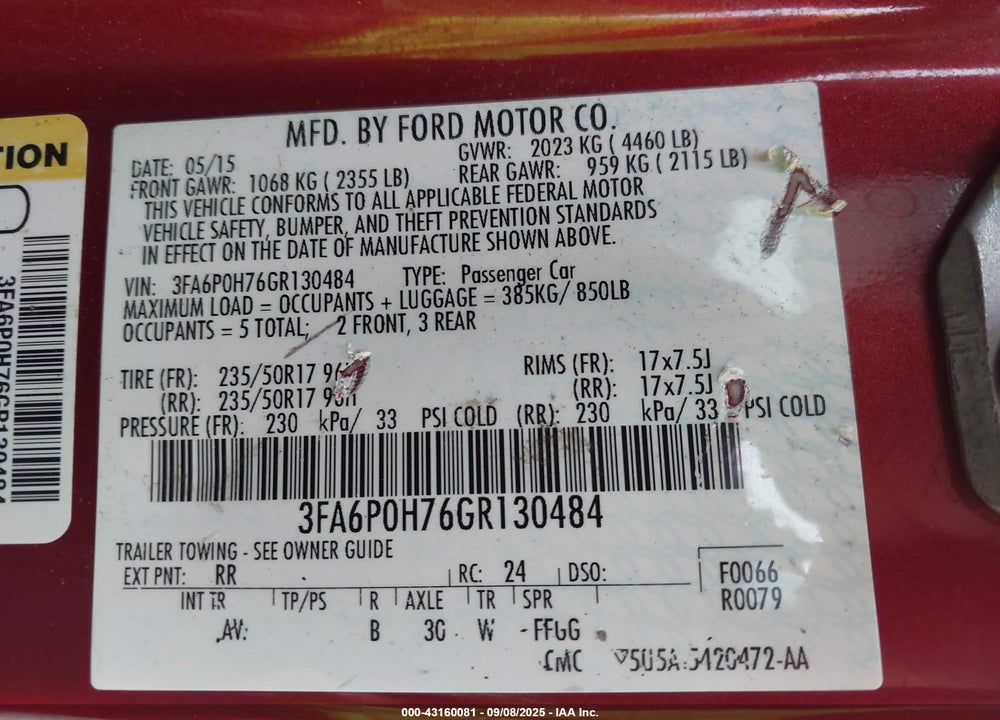 2016 FORD FUSION VIN: 3FA6P0H76GR130484