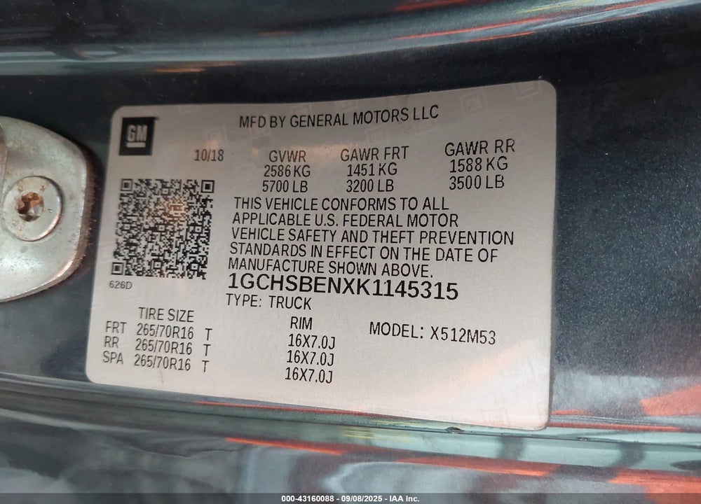 2019 CHEVROLET COLORADO VIN: 1GCHSBENXK1145315