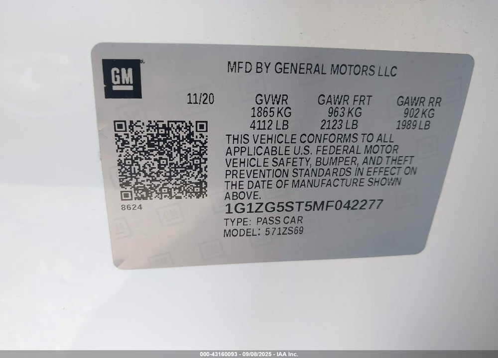 2021 CHEVROLET MALIBU VIN: 1G1ZG5ST5MF042277