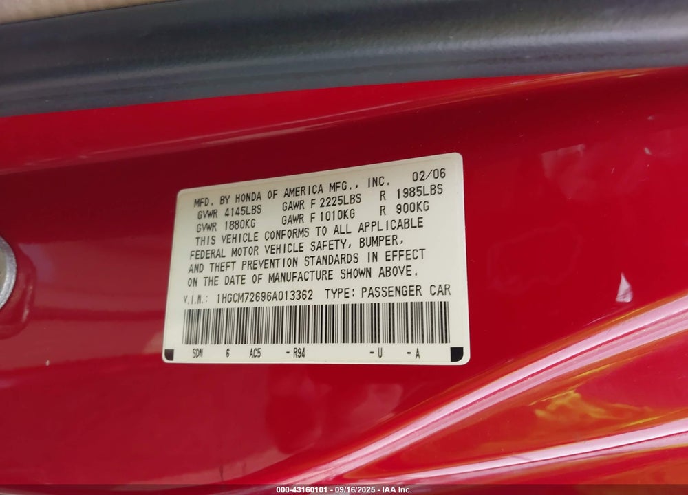 2006 HONDA ACCORD 2.4 EX VIN: 1HGCM72696A013362