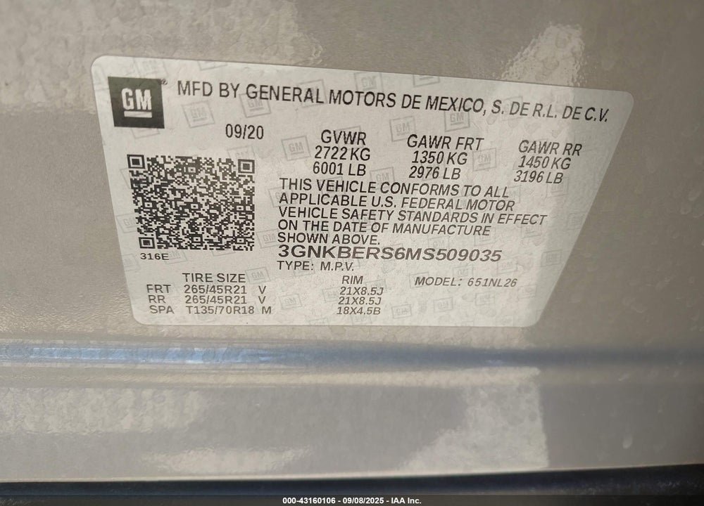 2021 CHEVROLET BLAZER VIN: 3GNKBERS6MS509035