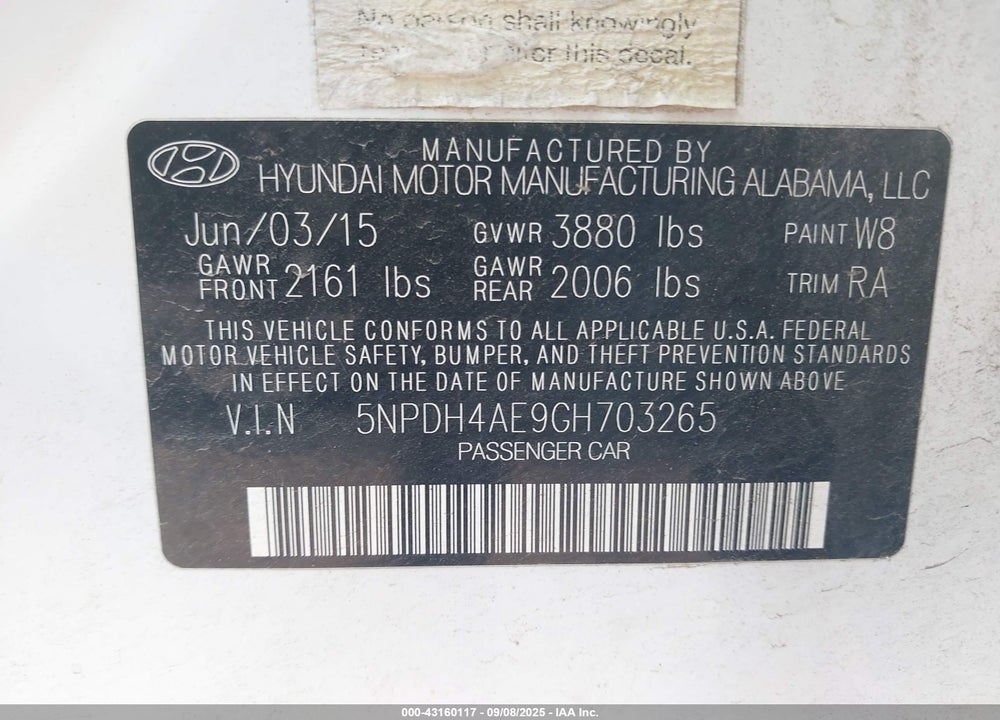 2016 HYUNDAI ELANTRA VIN: 5NPDH4AE9GH703265