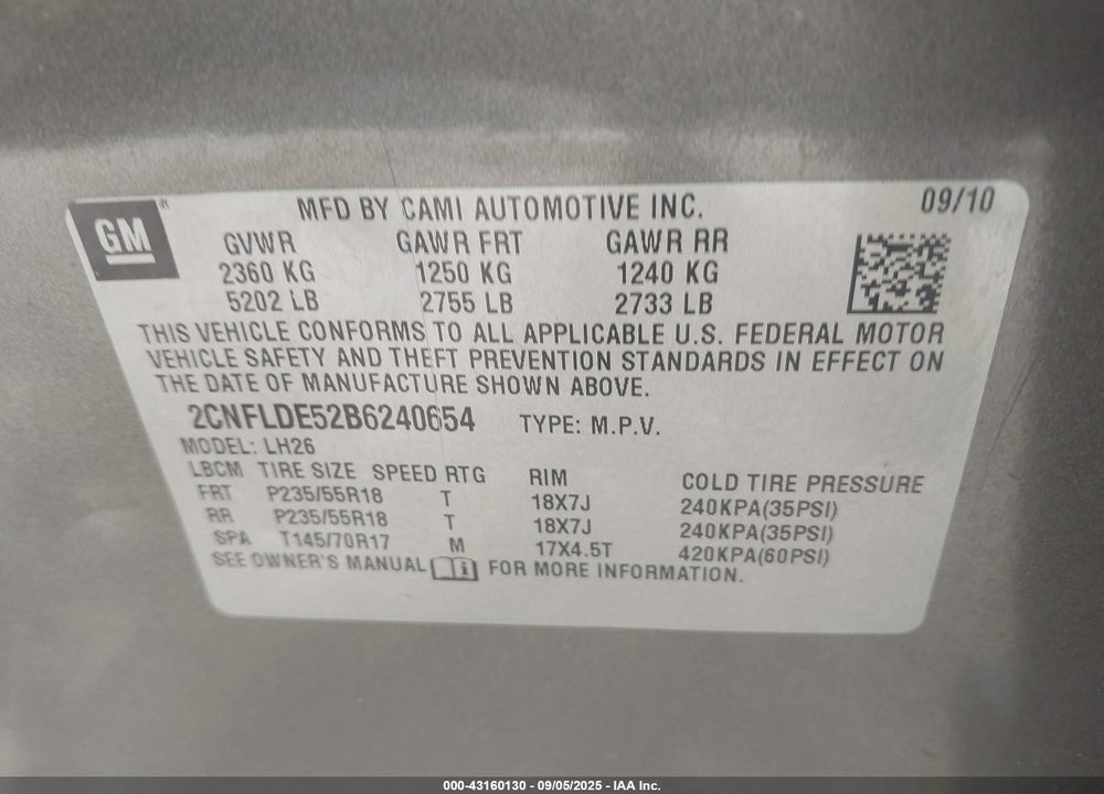 2011 CHEVROLET EQUINOX VIN: 2CNFLDE52B6240654