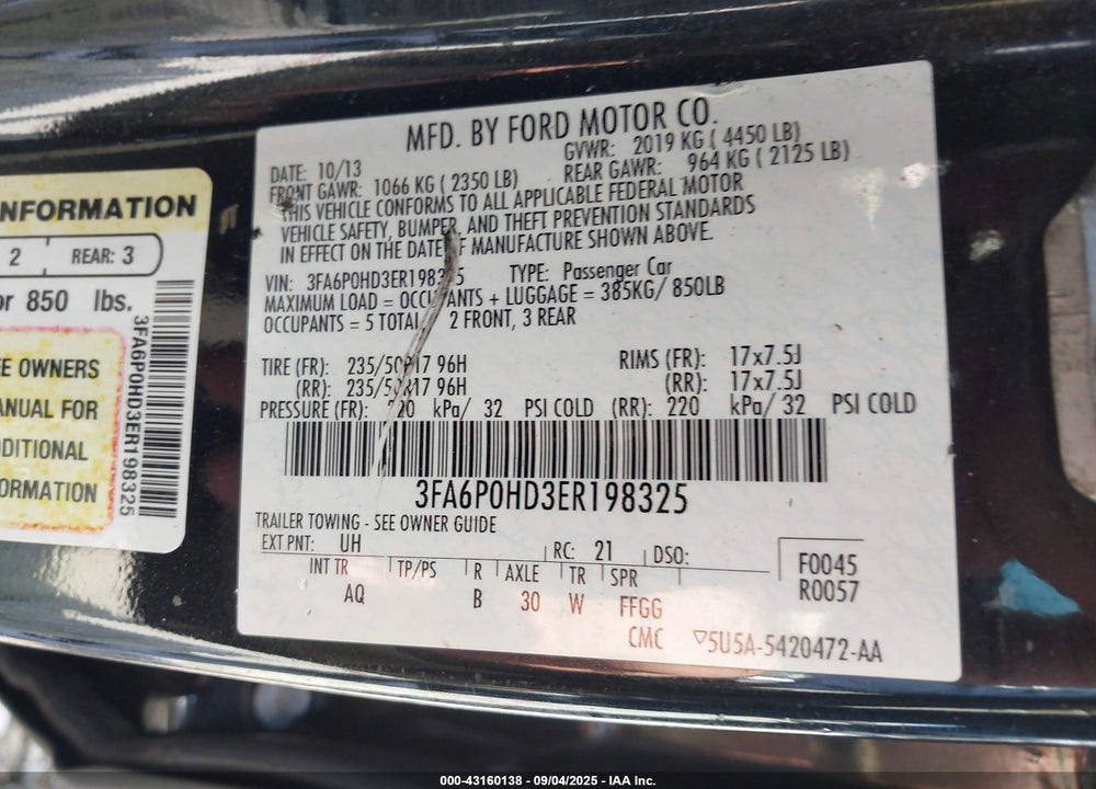2014 FORD FUSION VIN: 3FA6P0HD3ER198325