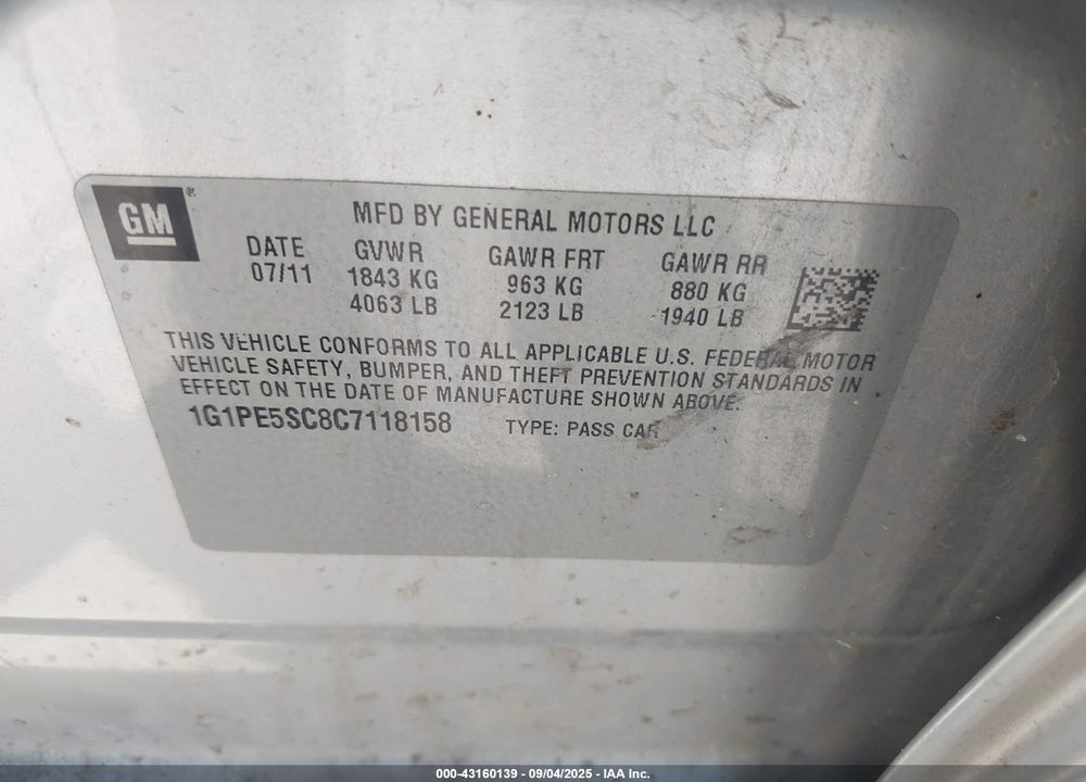 2012 CHEVROLET CRUZE LT VIN: 1G1PE5SC8C7118158