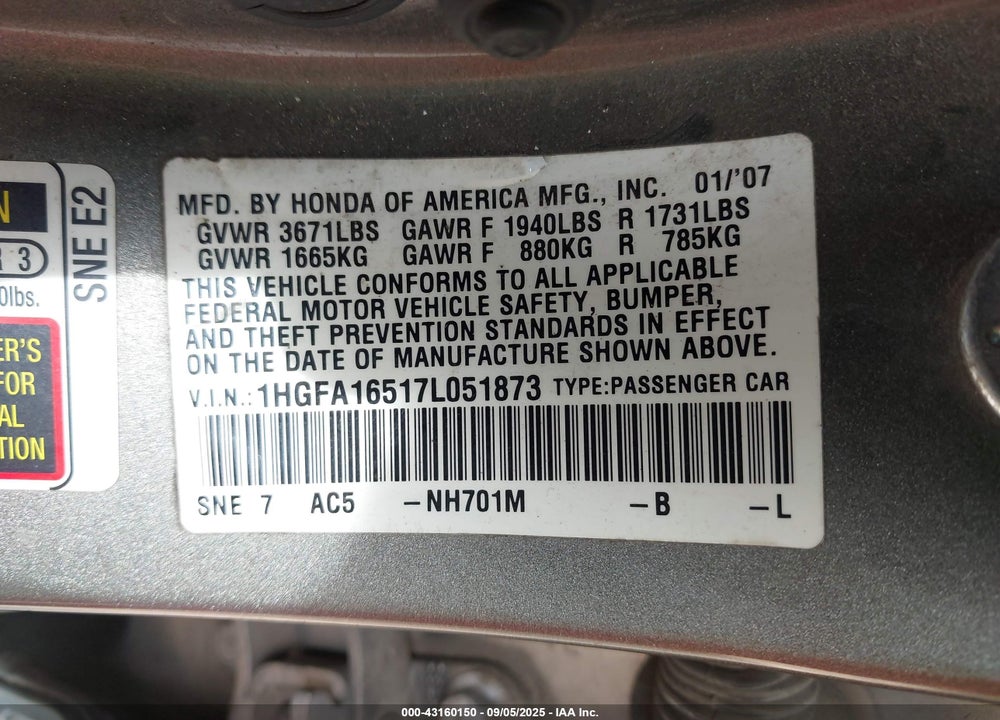 2007 HONDA CIVIC LX VIN: 1HGFA16517L051873