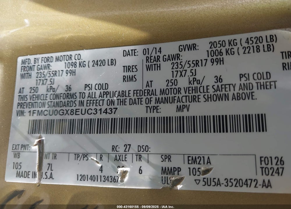 2014 FORD ESCAPE VIN: 1FMCU0GX8EUC31437