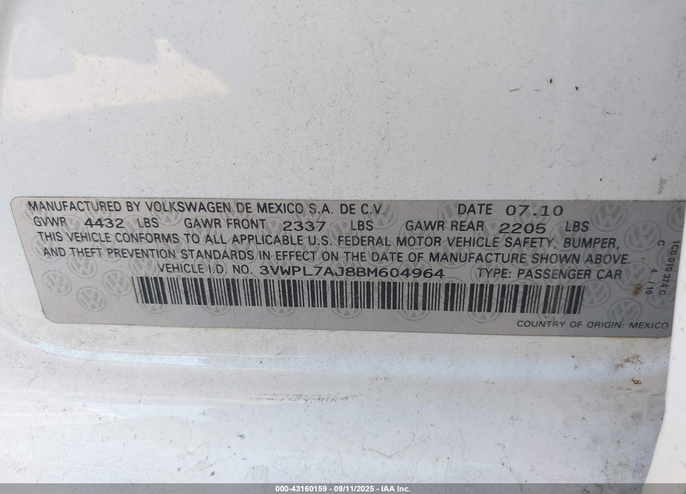 2011 VOLKSWAGEN JETTA SPORTWAGEN 2.0L TDI VIN: 3VWPL7AJ8BM604964
