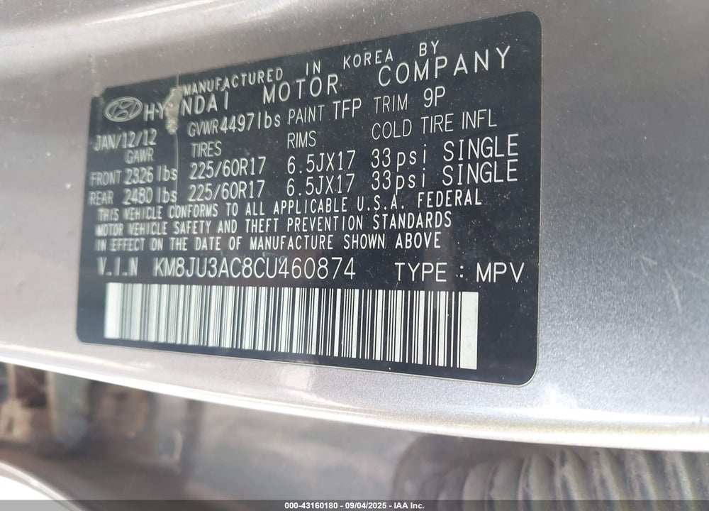 2012 HYUNDAI TUCSON GLS VIN: KM8JU3AC8CU460874