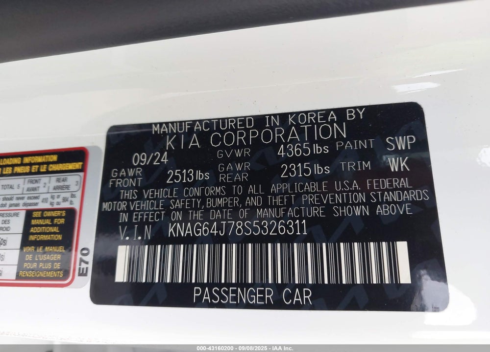 2025 KIA K5 GT LINE VIN: KNAG64J78S5326311