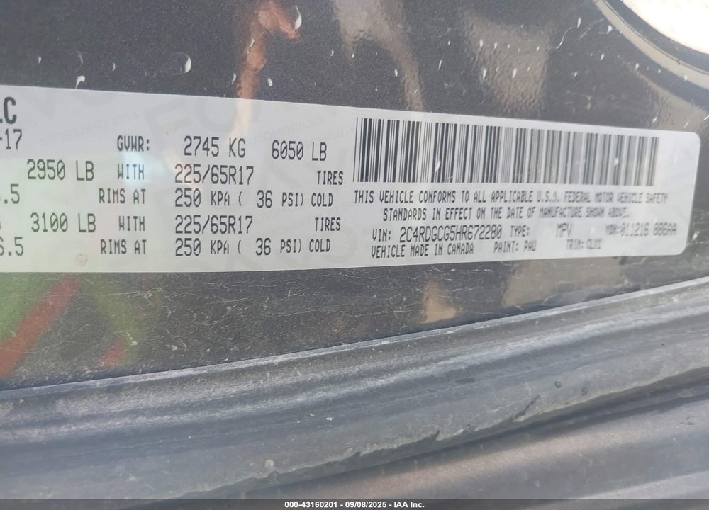2017 DODGE GRAND CARAVAN SXT VIN: 2C4RDGCG5HR672280