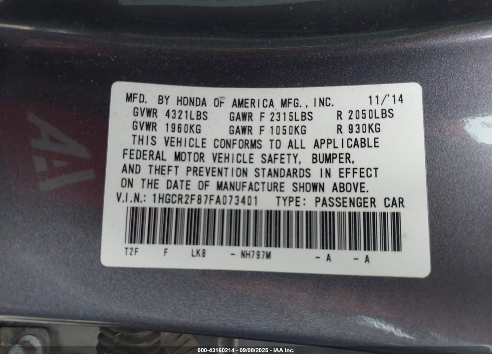 2015 HONDA ACCORD VIN: 1HGCR2F87FA073401