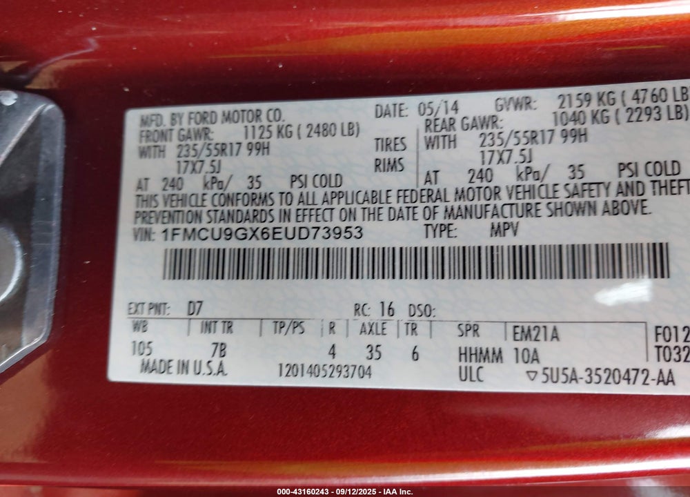 2014 FORD ESCAPE VIN: 1FMCU9GX6EUD73953