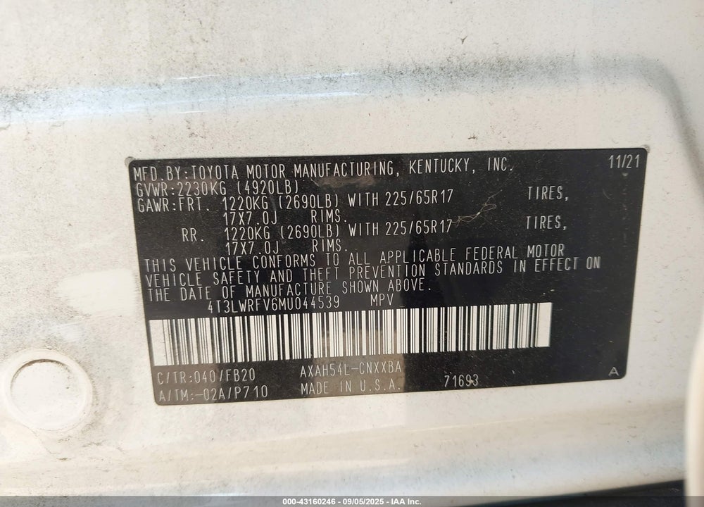 2021 TOYOTA RAV4 HYBRID VIN: 4T3LWRFV6MU044539