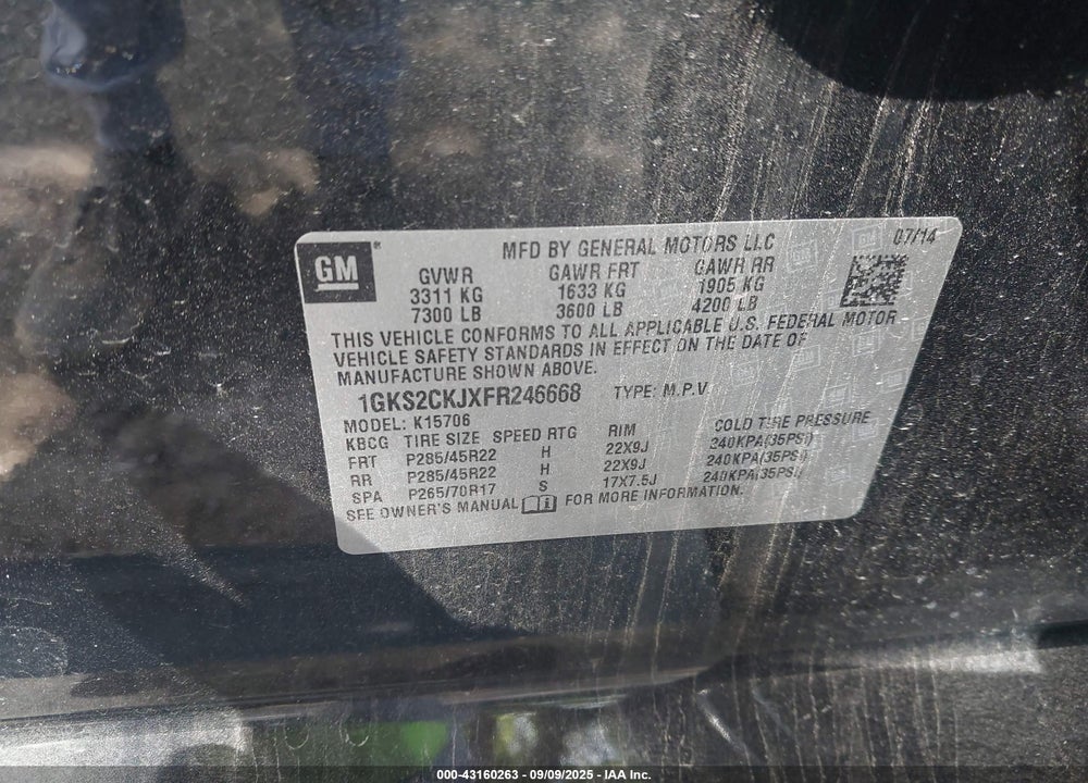 2015 GMC YUKON VIN: 1GKS2CKJXFR246668