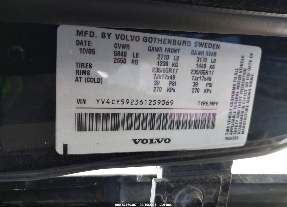 2006 VOLVO XC90 2.5T VIN: YV4CY592361259069