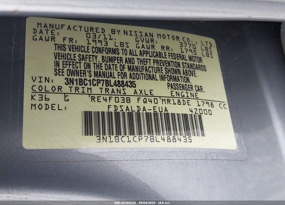 2011 NISSAN VERSA VIN: 3N1BC1CP7BL488435