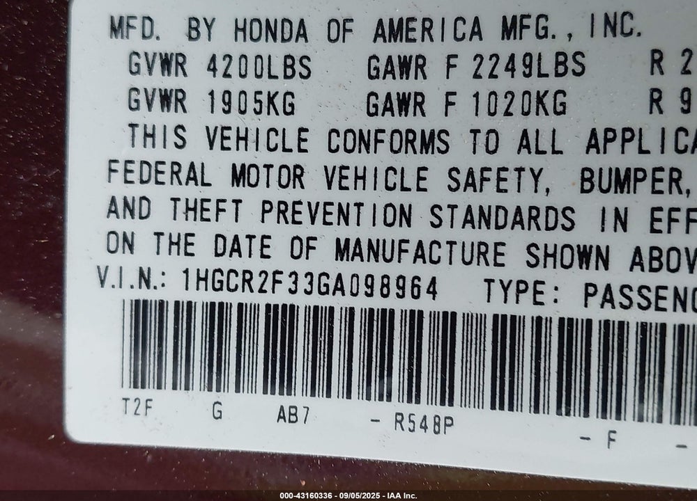 2016 HONDA ACCORD VIN: 1HGCR2F33GA098964