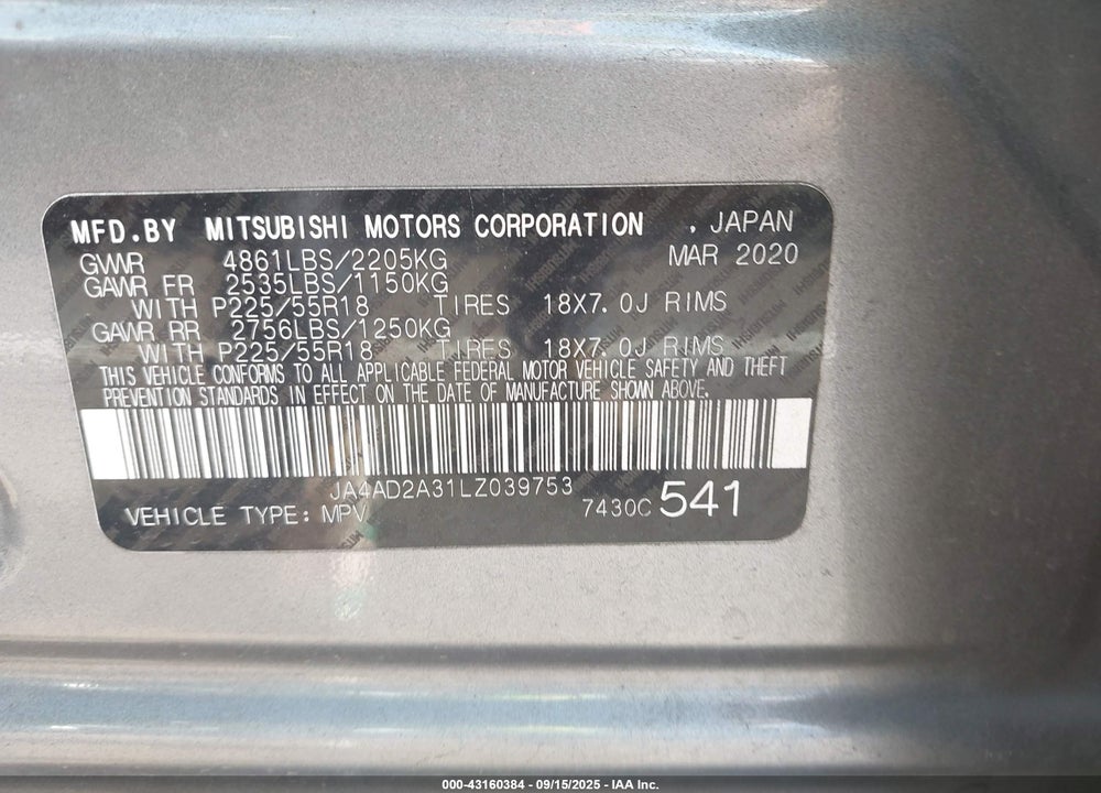 2020 MITSUBISHI OUTLANDER VIN: JA4AD2A31LZ039753