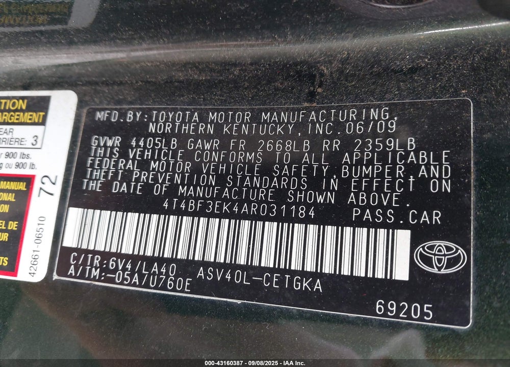 2010 TOYOTA CAMRY VIN: 4T4BF3EK4AR031184