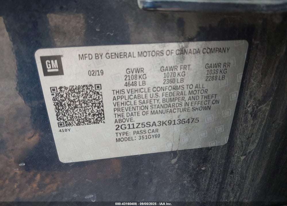 2019 CHEVROLET IMPALA VIN: 2G11Z5SA3K9136475