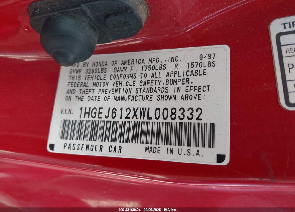 1998 HONDA CIVIC DX VIN: 1HGEJ612XWL008332