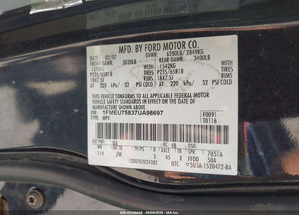 2007 FORD EXPLORER LIMITED VIN: 1FMEU75837UA98697