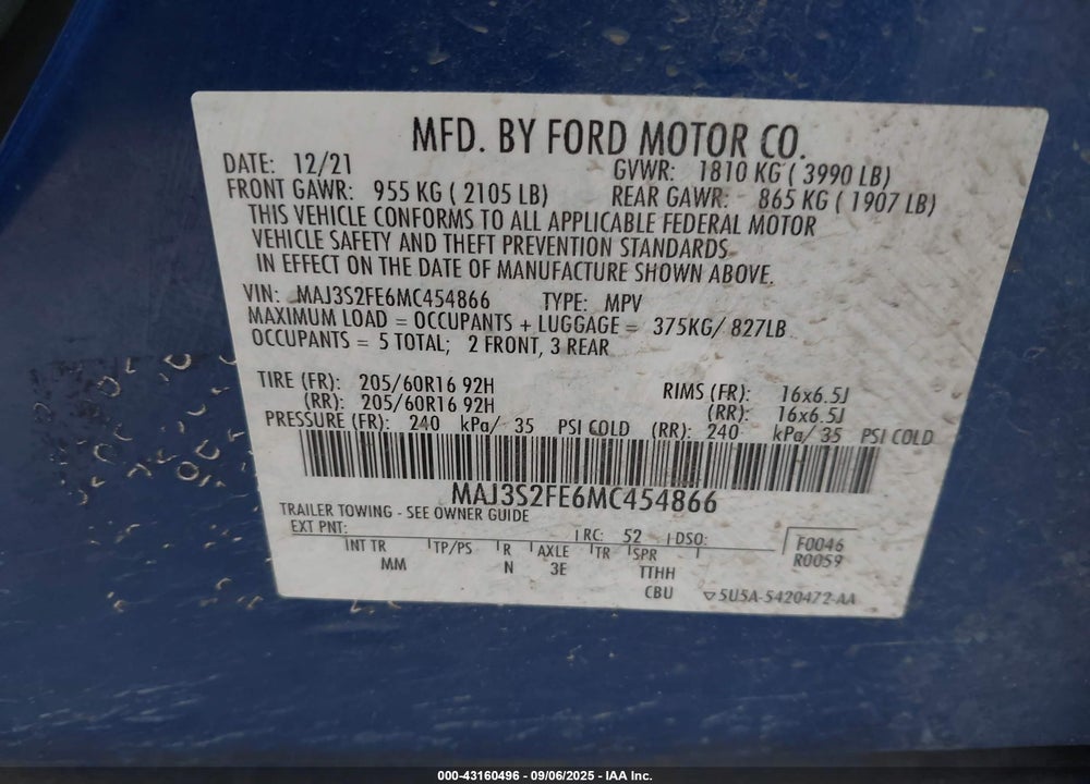 2021 FORD ECOSPORT S VIN: MAJ3S2FE6MC454866